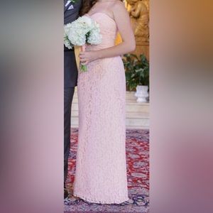 Peach, strapless, lace long dress